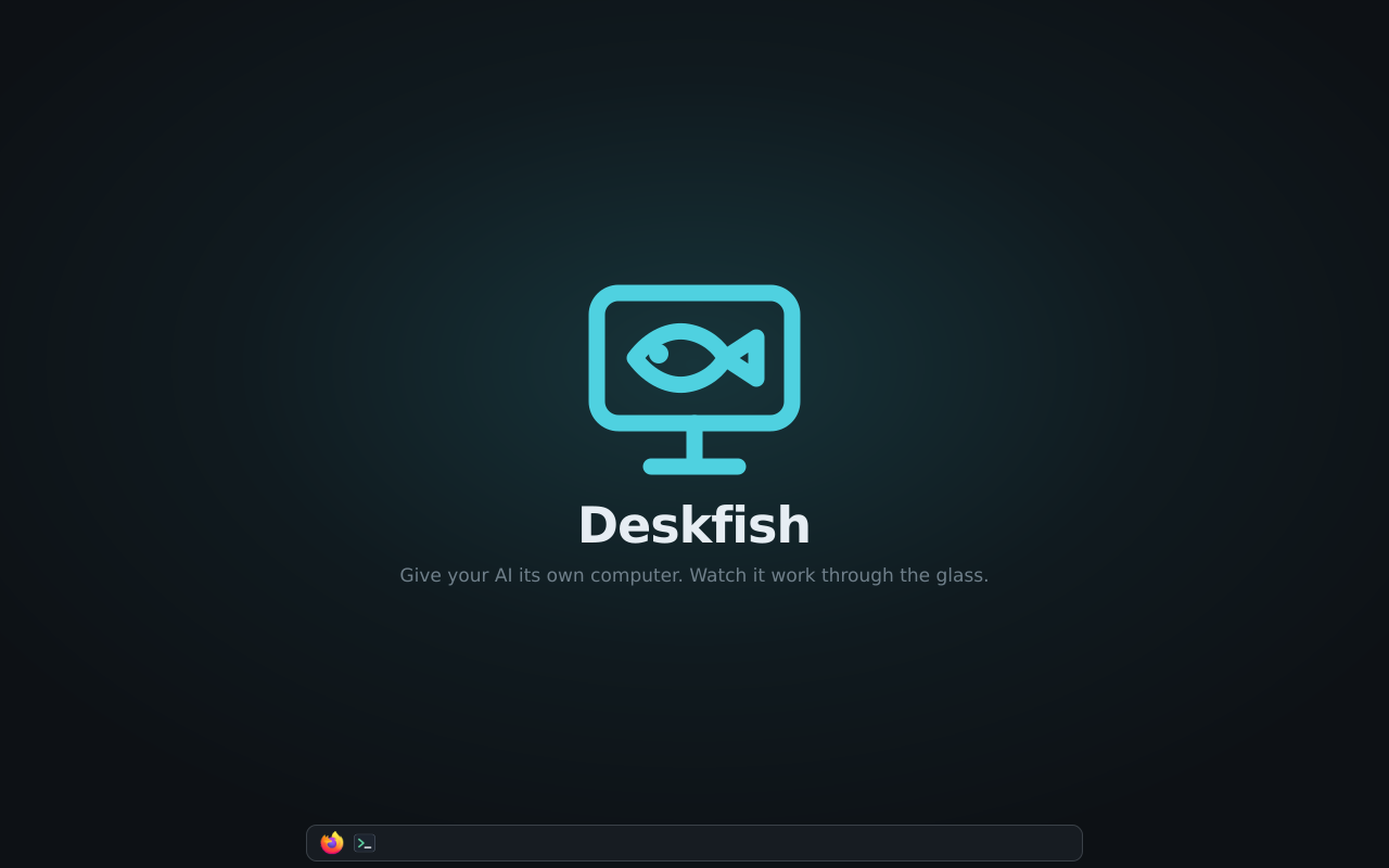 The actual Deskfish Linux desktop, with the fish-in-a-monitor wallpaper and Firefox and Terminal in the dock